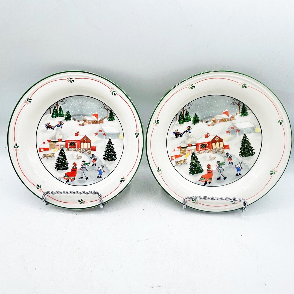 Sango Silent Night Christmas 6.5" Plates Set of 2 Village Skating 3900